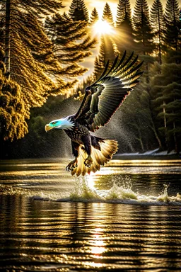 An image capturing a majestic eagle in flight, gripping a large fish in its talons as it soars above a winding river. The sunlight glistens on the water below, and the eagle's powerful wings spread wide against the sky. The scene showcases the eagle's incredible hunting prowess and the dynamic beauty of the natural world.