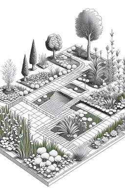 a garden in lenght view. 3d isometrique. draw in black and white. High details. A gravel path along left side