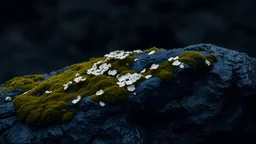 lichens on a wet rock,moss,dark background,dramatic scene,