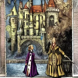 A magical canal city of wizards, witches and warlocks with a castle sir John Tenniel style