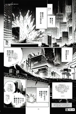 explosion in city, manga page, greyscale