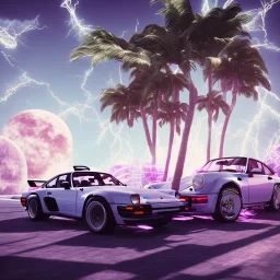 1980's aesthetic vaporwave palm trees and spheres and Porsche with lightning