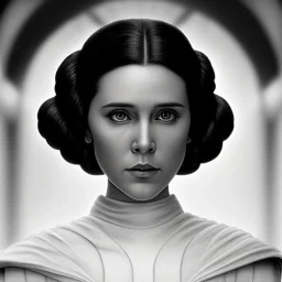 stunning half-body portrait photo of princess leia from Star Wars, hazel iris, wlop, artgerm, akihiko yoshida, and liang xing, detailed face, doe eyes, intricate braided hair style, symmetrical eyes, trending on artstation, highly detailed, white dress, dynamic pose, intricate outfit, space ship and galaxy background