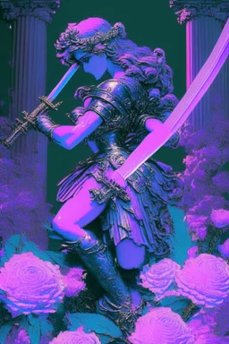 [vaporwave] Without a moment's hesitation, Agatha, wielding her sword adorned with carved flowers, seized the opportunity. With a swift and precise movement, she struck beneath the tyrant's shoulder, piercing through his defenses and driving him to his knees.