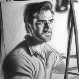 Portrait drawing of a man in a art studio