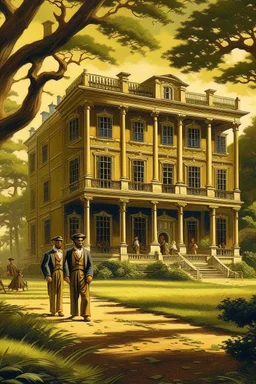 Illustrate a grand plantation setting in the 1800s, with Isaac Franklin and John Armfield as wealthy slave owners. Highlight their opulent lifestyle and the beginning of their partnership.