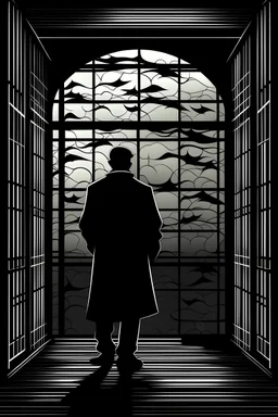 create a 2d simple black silouhette book cover for sherlock holmes who is looking out of a the wondow of a prison cell. The image also shows that his last hope of freedom is a pigeon