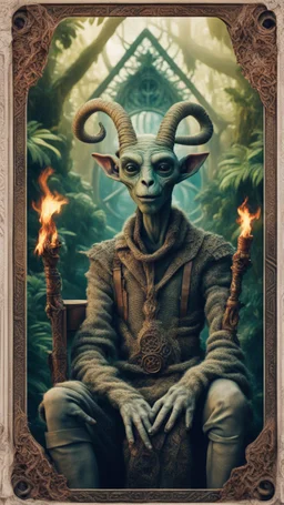 Pans labyrinth, framed playing card, close up portrait of a happy blessed immaculate dissolved ancient magical scaly slimy weird alien mad max soldier posing for photo shoot on a throne, holding a burning sceptre, in a space alien mega structure with stairs and bridges woven into a sacred geometry knitted tapestry in the middle of lush magic jungle, bokeh like f/0.8, tilt-shift lens 8k, high detail, smooth render, down-light, unreal engine, prize winning