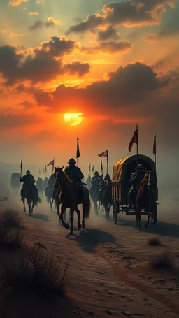 Bosch painting style nightmare , 3D ,a group of wagons pulled by horse guarded by strong soldiers with sticks dramatic misty scene of the sunset time in a stormy weather in the desert background, high Quality picture , 8k