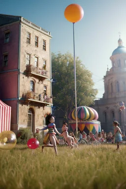 Ultra realistic circus scene. Child’s playing, smile, happy, color bubbles, smooth color, waist up view, Wes Anderson style, a lot of people background, highly detailed, concept art, unreal engine 5, god rays, ray tracing, RTX, lumen lighting, ultra detail, volumetric lighting, 3d, finely drawn, high definition, high resolution.