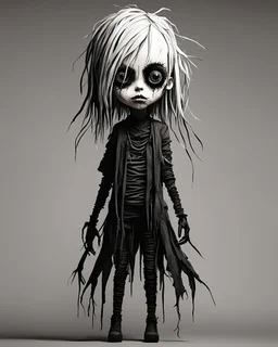 full body Goth girl made from ragged strips of cloth, in the style of Alex Pardee,