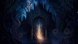 A digital painting with intricate patterns and textures depicting smoke climbing a temple of dark vines, where shadows dance in the moonlight