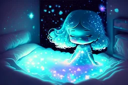 Cute chibi bioluminescent woman in holographic dress in sleeping room in starshine