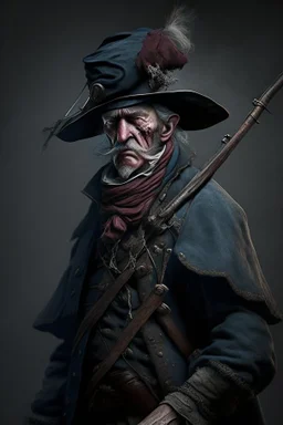 70 years old victorian bloodborne soldier with a musket, bandana and scally cap