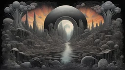 All Black Rainbows || surreal landscape, in the styles of Jim Fitzpatrick and Philippe Druillet and Ernst Haeckel, mixed media, cinematic, sharp focus, highest resolution