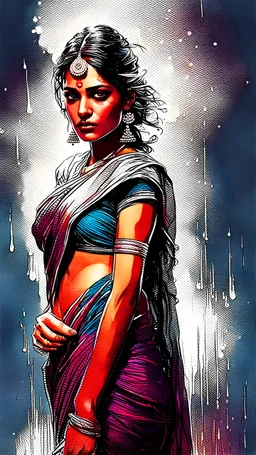 An indian beautiful supermodel in saree, rain, dawn, by Greg Rutkowski and Russ Mills, head and shoulders portrait, 8k resolution concept art portrait by Greg Rutkowski, Artgerm, WLOP, Alphonse Mucha dynamic lighting hyperdetailed intricately detailed Splash art trending on Artstation triadic colors Unreal Engine 5 volumetric lighting