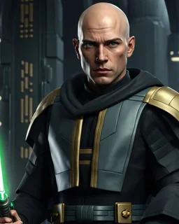 star wars bald male corellian jedi pilot wearing black and gunmetal grey old republic armored robes with gold trim inside the jedi temple holding a lightsaber with viridian green blade in left hand, centered head and shoulders portrait, hyperdetailed, dynamic lighting, hyperdetailed background, 8k resolution, volumetric lighting, light skin, fully symmetric details