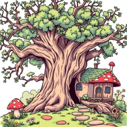 outline art for square twisted old oak tree mushroom cottage full vivid colored page for kids, classic manga style, anime style, realistic modern cartoon style, full color background, sketch style, only use outline, clean line art, no shadows, clear and well outlined