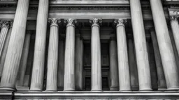 a high-quality image of imposing (pillars of law) standing tall in front of a grand courthouse, majestic, symbolizing strength and justice, black and white, architectural photography, monochrome, dramatic lighting, vertical composition, historical significance, detailed craftsmanship, timeless, courthouse architecture, legal system, authoritative, legal symbol, iconic.
