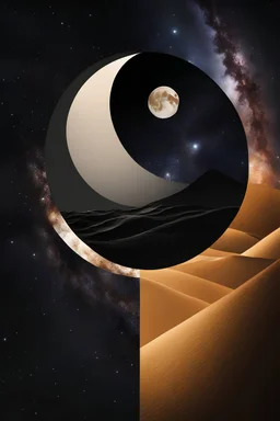 Half sun half moon as Ying and Yang abstract image with intricate details , galaxy in background, raw foto, natural colors, dynamic light and shadow, very detailed scene with intricate details,