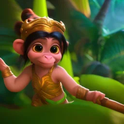 Cute monkey, league of legends, in the jungle, full detail, intricate detail, cinematic, 8 k, cel shaded, unreal engine, featured on artstation, pixiv, cartoon style