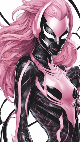 A close picture to Mix between gwenpool and symbiote, symbiote mask, pink and black custom, intricate details, highly detailedin in solo leveling shadow art style