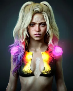 portrait, Shakira, blonde artist, angry, Realistic image, MMA robe, hoodie, mma gloves, band aid, loose long hair, eyes make up, face line gold make up, circle iris. moisture sweat, fog, Neon colors, leds. Dark background, photo studio, concept art, smooth, unreal engine 5, god lights, ray tracing, RTX, lumen lighting, ultra detail, volumetric lighting, 3d, finely drawn, high definition, 4k.