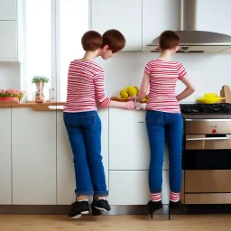 Realistic photo Russian shorthair beautiful tomboy boyish boylike young mother wide hips in kitchen