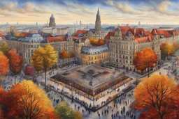 A beautiful and wonderful drawing of Berlin Squares in autumn, full color pencil drawing, masterpiece, intricate and highly detailed image, perfect drawing, beautiful, harmonious, centered image, full body length, 8K