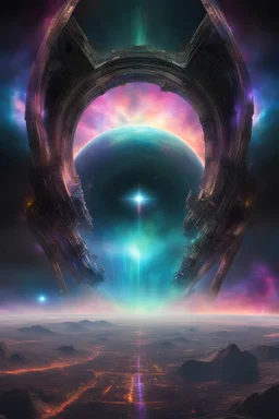 Huge aliens structures, nebula in background, cosmic black and iridescent, split perspective, Neo-baroque digital glitch art, hyper detailed NASA images, photorealistic