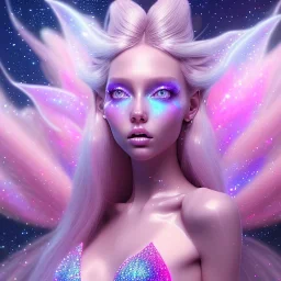 one big crystal glitter pink blue subtle galactic fairy in a galactic ambiance,glitter bikini, long blond hair down to the ground,transparent petals,blue eyes,delicate colors in the foreground, full of details, smooth，soft pink violet light atmosphere, light effect，vaporwave colorful, concept art, smooth, extremely sharp detail, finely tuned detail, ultra high definition, 8 k, unreal engine 5, ultra sharp focus