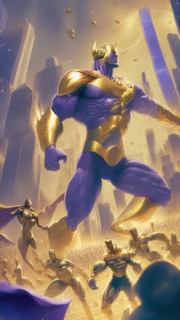 hero with golden spandex fighting a horde of aliens, city in the background