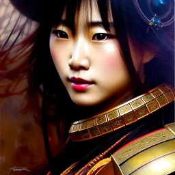 portrait beautiful face japanese female samurai,busty,ancient metal armor balanciaga fashion clothe painting by gaston bussiere, greg rutkowski, yoji shinkawa, yoshitaka amano, tsutomu nihei, donato giancola, tim hildebrandt, oil on canvas, cinematic composition, extreme detail,fit full head inside picture,16k