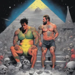 [art by Dorohedoro and Arnold Schwarzenegger & Rocky Balboa] Rebirthing undies two devils under tech and slime covered with tattoos at a party wearing sloggi agent provocateur, welcoming another man hugging, sponge, cotton, nightgown, dark, tattoo Laying back on the steps of a pyramid, Jesus felt a surge of cosmic energy coursing through his being, a connection to the fire of creation and the mysteries of the moon.