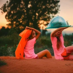 teen girls playing under the rain, at sunset, on mars, high details, color orange to red