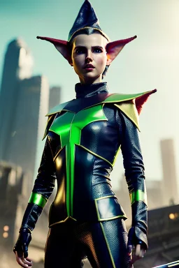 Futuristic elf, waist up portrait, physically fit, latex and leather attire, green and yellow hair, blue eyes, one pair of ears, intricate eyeliner, vibrant eyeshadow, clear completion, soft lighting, 4k resolution, intricate details, insanely detailed, colorful cityscape background, masterpiece, expert, cinematic smooth, retroanime style, realistic details, no helmet