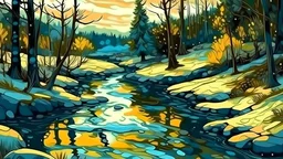 вечерняя природа, лес, река, тающий снег в стиле ван гога