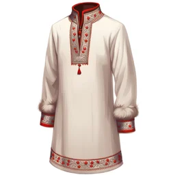 illustration {concept of art of a white tunic resembling a vyshyvanka with tall and rounded collars made from soft woolen fabric. The tunic has embroidery along the collars of it in red thread, the hems of it and at the ends of its sleeves. the tunic is clothing for men, the tunic has 4 buttons} digital art, semi-realistic,