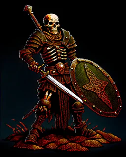 tabletop RPG skeleton warrior with sword and shield and rusted chainmail rpg art no background