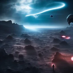 Alien verse human war on deserted planet, hyper realistic, photography, rays, amazing lighting