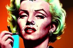 Marilyn Monroe, smokes a cigarette, cyberpunk2077, photorealistic illustration, 4k