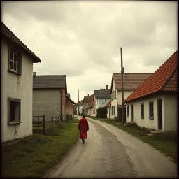 Fotografia di strada assurda e falsa Vlkolínec, persone Non luogo falso, inusuale. Max Ernst. Case contadine Slovacchia. Ci sono finestrelle false quadrate, che danno un senso distopico e molto surreale, disposte in modo casuale. L'atmosfera generale sembra noiosa e onirica, con un contrasto tra elementi reali ed elementi dipinti falsi, on the shore, René Magritte, oddest things
