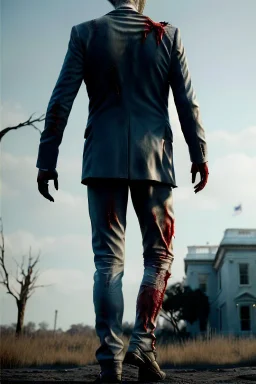 Ultra realistic image, joe biden zombie, zombie performance, suit, skull, blood, torn arm, night, walking twisted, waist up view, thriller style, dark ambient, highly detailed, White House background, concept art, unreal engine 5, ray tracing, RTX, ultra detail, volumetric lighting, 3d, finely drawn, high definition, high resolution.