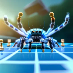 close up of a large hairy blue spider smiling and playing chess, photorealistic, blender render, wide angle lens, 4k, two birds in background, jungle,