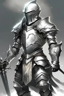 A male human warrior that wear a silver set of armour and, a silver helmet and holding a silver bident. He also has a White aura coming from his armour