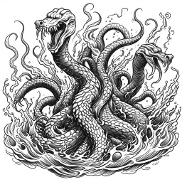 Make black and white cute drawing of a multi-headed hydra with black bold lines. Only outline, no grayscale. A multi-headed hydra is splashing in a magical lake.