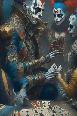 A harlequin character, playing cards with other people , sf, intricate artwork masterpiece, ominous, matte painting movie poster, golden ratio, trending on cgsociety, intricate, epic, trending on artstation, by artgerm, h. r. giger and beksinski, highly detailed, vibrant, production cinematic character render, ultra high quality model