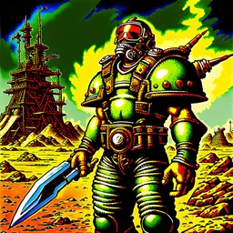 90's TCG art retro fantasy art of nuclear warrior with huge pauldrons in wasteland