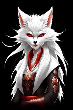 kitsune, girl, white hair and fox ears,fluffy ears,black background,hight details, high quality,simple drawing style,fantasy, white nose,samurai armor