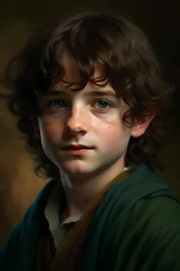 Portrait of Frodo Baggins: A young hobbit. He is described as having fair skin, brown curly hair, and blue eyes. He often wears a dark green cloak and a mithril shirt under his clothes